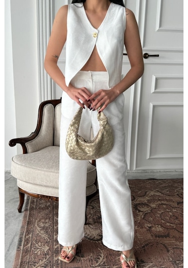 Sensuelle Keten Tek Düğme Yelek-pantolon Takım - Beyaz Beyaz
