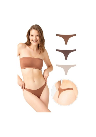 Lazer Kesim Kadın Tanga Külot 3'lü Paket-3 Renkli-4 Çok Renkli