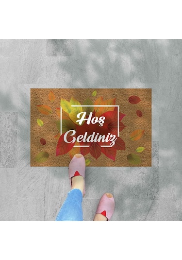 Dijital Baskılı Hoşgeldinizyazılı Karşılama Paspas Gül Desen - Kapı Önü Dekoratif Paspas Açıkkahverengi - Bej