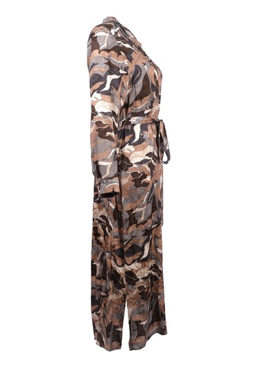 Büyük Beden Desenli Kuşaklı Jakar Elbise Gala-xi Kahverengi