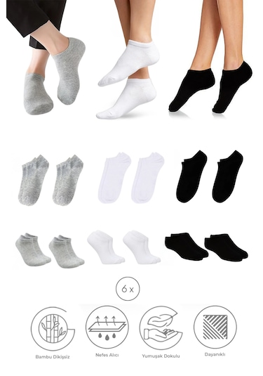 Bambu Kadın Sneaker Asorti Çorap Dikişsiz Görünmez Bilek Spor 4lü Beyaz - Gri - Siyah