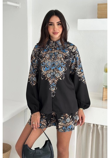 İthal Atlas Kumaş Bluz&şort Takım Siyah Siyah