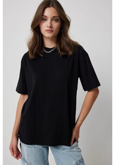 Soft&Basic Kadın %100 Organik Pamuk Oversize Fit Basic Yuvarlak Yaka T-shirt Siyah