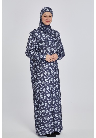Pratik Tek Parça Manolya Desenli Namaz Elbisesi Lacivert