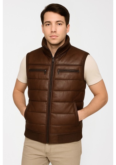 Derije Max Hakiki Deri Erkek Kahverengi Triko Detaylı Şişme Yelek