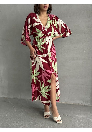 Kadın Kruvaze Yaka Yırtmaçlı Uzun Yazlık Elbise Bordo