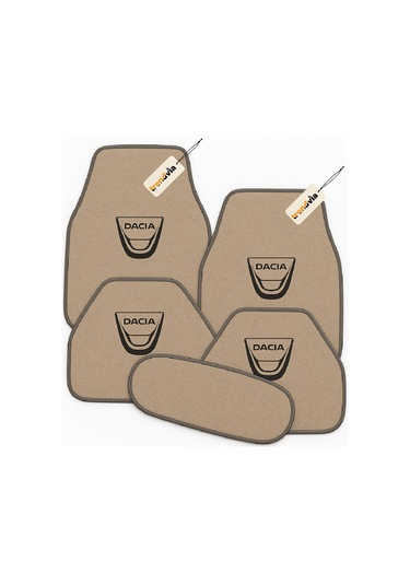 Dacia Uyumlu Bej Oto Halı Paspas Seti 5 Parça Kaymaz Tabanlı, Logolu, Dayanıklı Araba Paspası