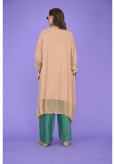 Italyan Ipek Detaylı Oversize Kaftan & Bluz-8711 Açık Camel
