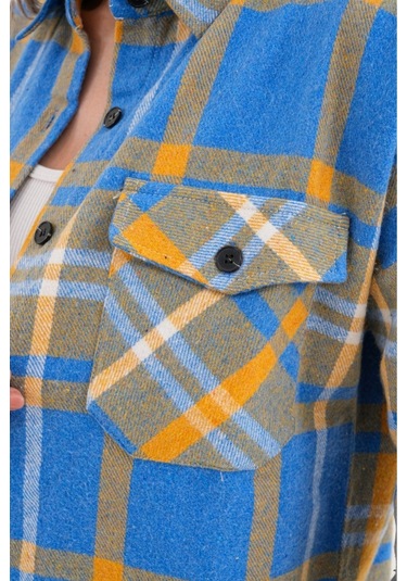 Kadın Desen Bloklu Oduncu Oversize Bol Ve Geniş Kalıp Casual Cepli Yakalı Ceket Gömlek Çok Renkli