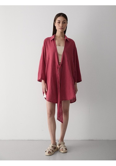 Bordo Flam Keten Kimono Gömlek Bordo