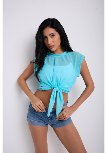 Önü Bağlamalı Tül Bluz Turkaz