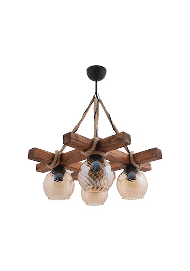 Vedemo Yağmur 4Lü Rustik Halatlı Ahşap Avize