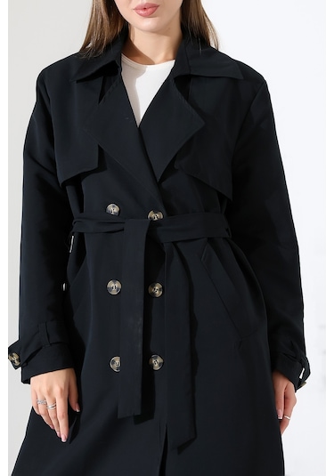 Amazon Keten Kumaş Diz Altı Yumuşak Dokulu Düğmeli Astarlı Trenç Kot Siyah Siyah