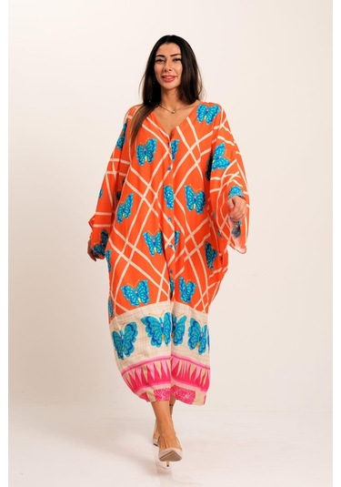 Kadın Turuncu Kelebek Desenli V Yaka Yarasa Kol Cepli Oversize Uzun Gömlek Elbise - Turuncu