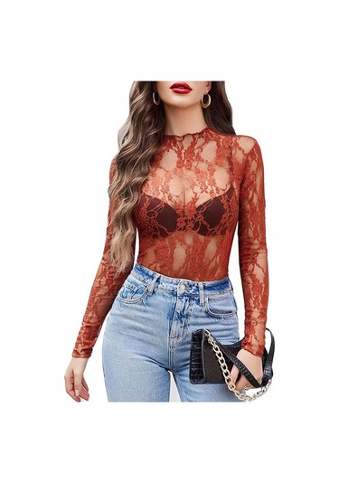 Kadın File Üst Uzun Kollu Balıkçı Yaka Şeffaf Bluz Şeffaf Çiçek Dantel Üstler Kahverengi