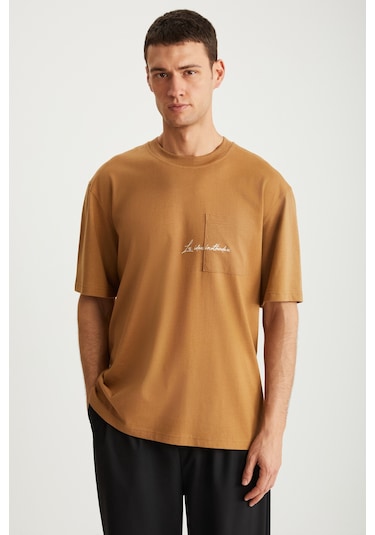 Kravın Erkek %100 Pamuk Bisiklet Yaka Baskılı Kahverengi T-shirt