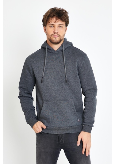Erkek Kapüşonlu Kanguru Cep 3 İplik Sweatshirt Antrasit