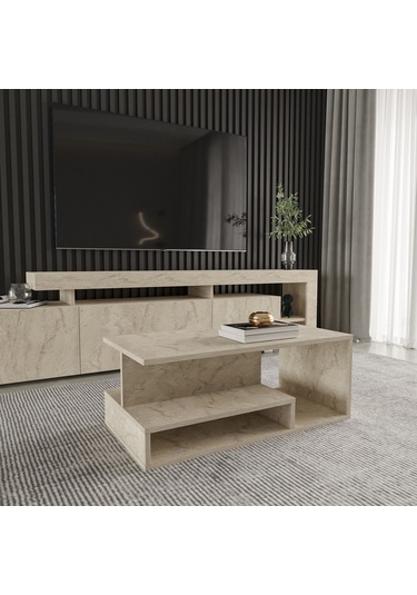 Vera Mini Orta Sehpa Modern Tasarım, Fonksiyonel Raflı Yap Traverten