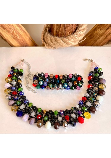 Karışık Renkli Kristal Taşlı Türk El Yapımı Gerdanlık Set Siyah - Kırmızı