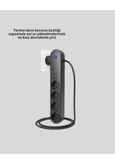 4 Lü Çoklu Priz 2 Usb Type-c Girişli Akım Korumalı Siyah 1