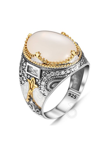 925 Ayar Gümüş Beyaz Akik Taşlı Mineli Erkek Yüzük Gümüş