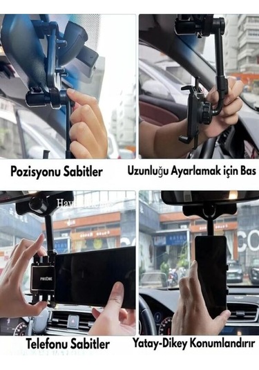 Araç İçi Telefon Tutucu Uzunluk Ve Açı Ayarlı Dikiz Aynası Kolay Kurulum Tüm Cep Telefonları Uyumlu