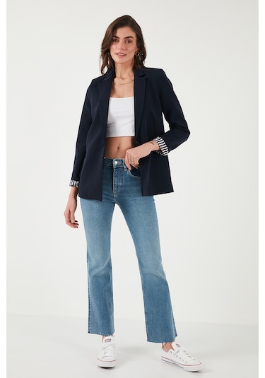 Lela Standart Fit Mono Yaka Desenli Astar Detaylı Blazer Bayan Ceket 6524003 Lacivert