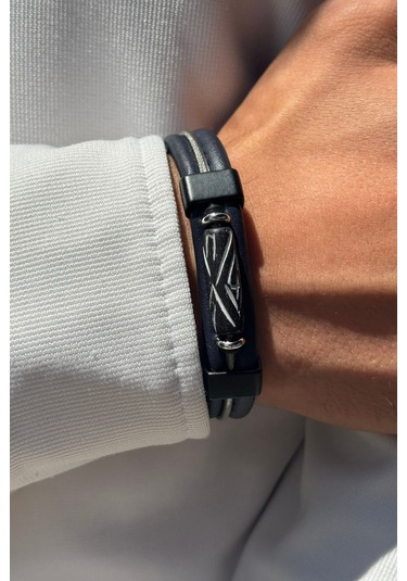 El İşçiliği İle Üretilmiş Hakiki Deri Erkek Bileklik Siyah - Beyaz