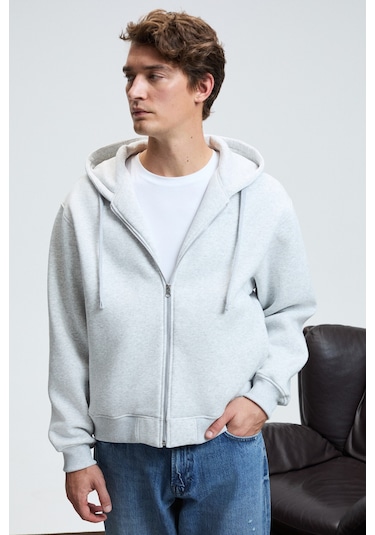 ASHBY Erkek Kapüşonlu Fermuarlı Cepli Kordonlu Regular Fit Grimelanj Sweatshirt