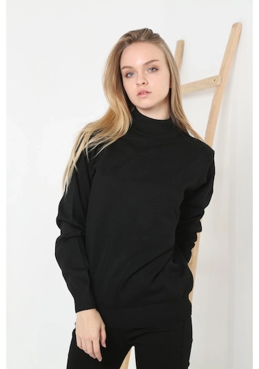 Kadın Yarım Boğaz Triko Kazak Yumuşak Dokulu Pamuklu İnce Dokuma, Uzun Kollu Rahat Regular Kalıp - S Siyah