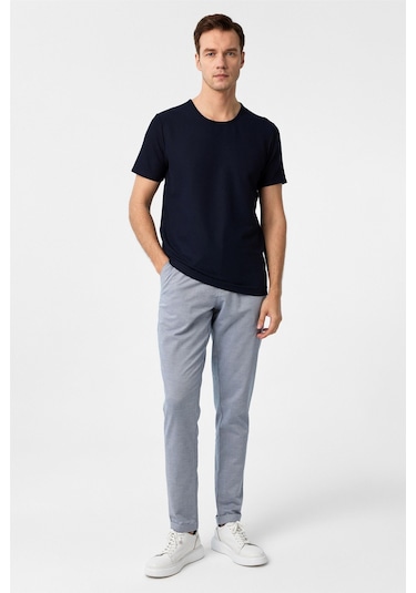 SÜVARİ Lacivert Slim Fit Armürlü Bisiklet Yaka Tişört-37261 Lacivert