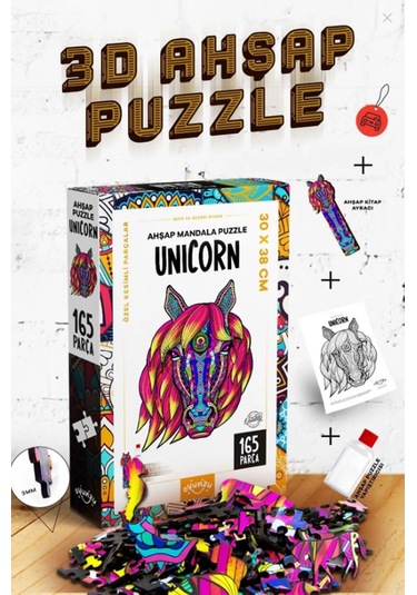 Unicorn Temalı 165 Parça Renkli Ahşap Puzzle Çocuk Pazıl Yapıştırıcı Hediyeli