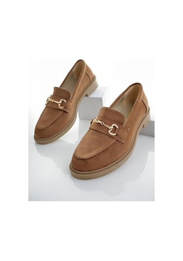 Muggo Sussie Garantili Metal Tokalı Kadın Loafer Günlük Ayakkabı - Süet Taba