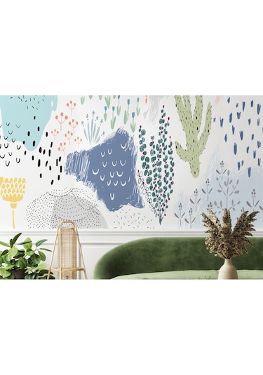 Yaprak Detaylı Soyut Minimalist Modern Duvar Kağıdı-5510 Çok Renkli