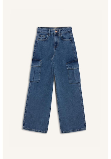 DeFacto Kız Çocuk Wide Leg Kargo Geniş Bol Paça Pamuklu Jean Pantolon D7091A825SMNM28 Mavi