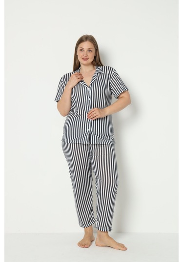 Fames Pijama Yazlik Düğmeli Büyük Beden Ev Giyim Lacivert