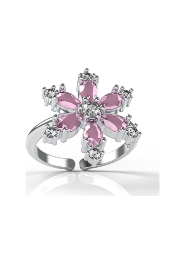 925 Ayar Pembe Taşlı Rodyum Lotus Çiçeği Ayarlanabilir Gümüş Yüzük Rr10025 Gümüş