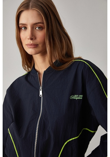 MERLYAN Kadın Bomber Yaka Oversize Fermuarlı Lacivert Ceket