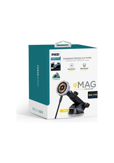Phixi Force M20 15w Hızlı Şarj Kablosuz Araç Şarj Cihazı Tutucu, Manyetik Katlanabilir Telefon Tutucu
