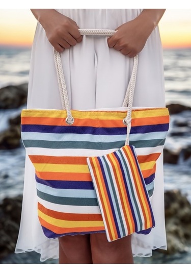 Cüzdan Hediyeli Kadın Plaj Çantası - Renkli Çok Renkli