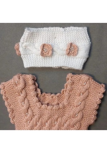 Uretti - Talia 8659 - 5678 El Örgüsü Kız Çocuk Elbise - Bandana - Patik Üçlü Takım - 6 / 9 Ay Gülkurusu