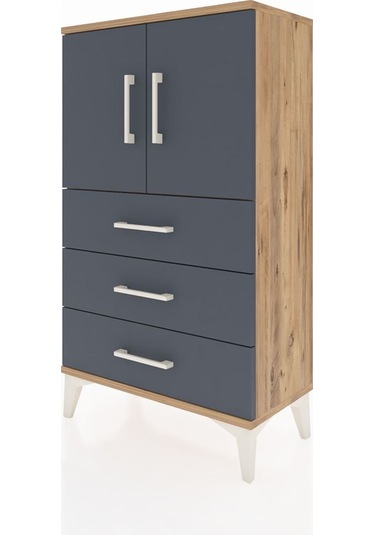 Arges Komodin 2 Raflı 3 Çekmeceli 2 Kapaklı 60x30x106 Çam-ant... Çam