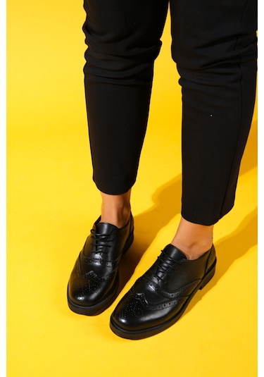 Avra Siyah Cilt Hakiki Deri Kadın Oxford Ayakkabı Siyah