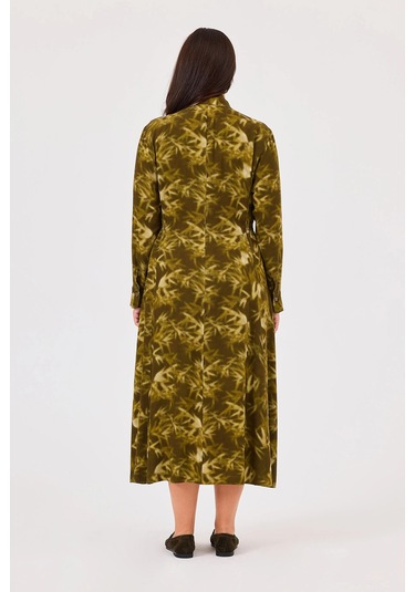 Galaxi Kadın Büyük Beden Desenli Fular Yaka Elbise 4006 Yeşil