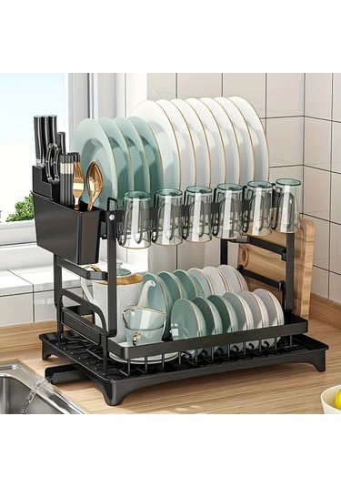 Honeybeeshop Siyah 2 Katlı Karbon Çelik Bulaşık Rafı Süzgeç Mutfak Eşyaları Tutucu Ve Bardak Askılı Siyah
