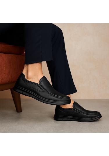 Growish Gr0402 Hakiki Deri Hafif Poli Taban Rahat Günlük Ayak Sağlığına Uygun Erkek Ayakkabı Siyah