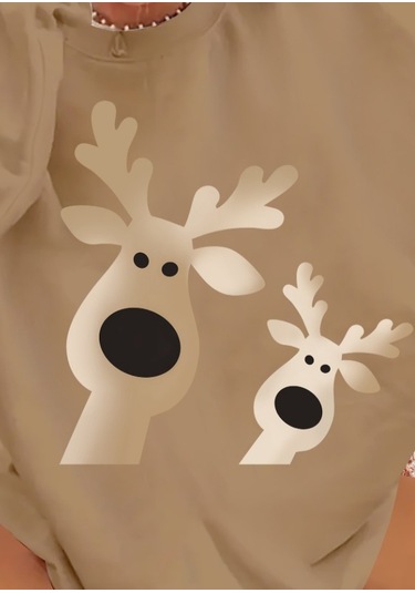 Sensuelle Kadın Uzun Kollu Bisiklet Yaka Geyik Desenli Viskon Iki Iplik Bluz Bej