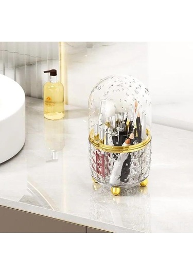 Yuntech01 Scheın Abs Plastik Güneş Yeşili Döner Kosmetik Organizer, 6 Bölmeli, Toz Koruyucu Kapaklı, 21x12x12 Cm Şeffaf