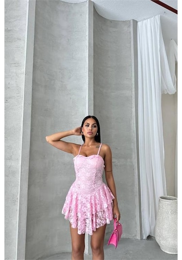 Dip Moda Kadın İçi Şortlu Prenses Mini Elbise Dpnbdf060 Pembe