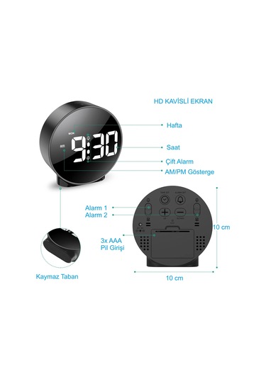 Hymark Yuvarlak Siyah Dijital Led Masa Saati Usb Güç Saat Ertelem